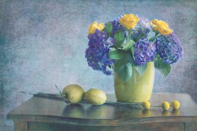 Purple Hydrangeas Yellow Roses by Antonella Renzulli