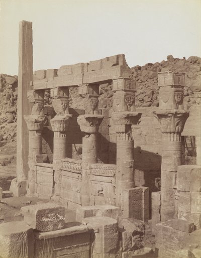 Philae, view from the northeast of the south end of the West Colonnade and the Porch of Nectanebo at the Temple of Isis by Antonio Beato