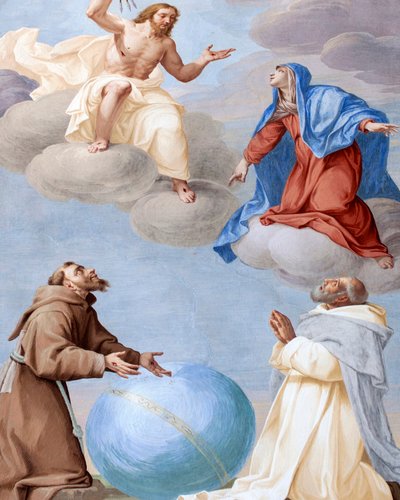 Saint Francis, Saint Damian and Mary interceding for humanity convincing Divine Justice not to fire his arrows on the world by Antonio Busca