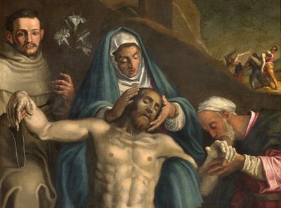 North Transept, Altar of the Deposition, Deposition of Christ supported by the Virgin and Saints Raymond and Anthony of Padua, Antonio Campi 1566, (detail) by Antonio Campi
