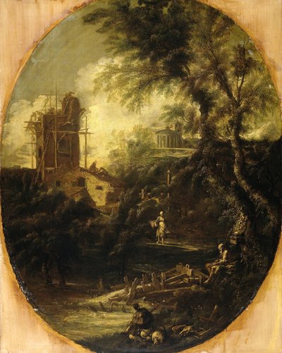 Landscape with Hermit, Pilgrim and Peasant Woman by Antonio Francesco Peruzzini (attributed to)