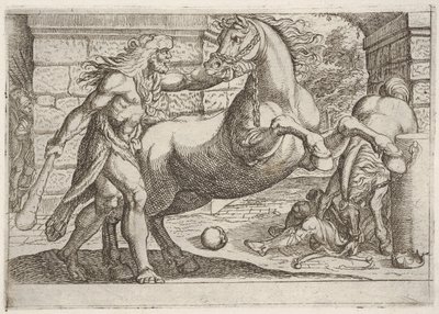 Hercules and the Mares of Diomedes: Hercules Grasps the Bridle of a Rearing Horse by Antonio Tempesta