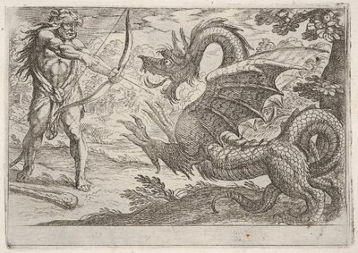 Hercules and the Serpent Ladon: Hercules draws his bow, the rearing serpent appears by Antonio Tempesta
