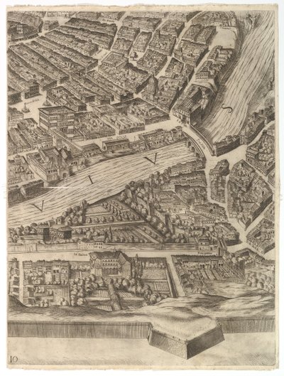 Plan of the City of Rome. Part 10 with the Tiber and the Villa Farnesina by Antonio Tempesta