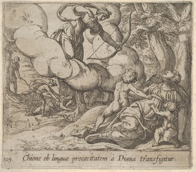 Plate 105: Diana Aiming Her Bow Toward Chione, Who is Accompanied by Two Children by Antonio Tempesta