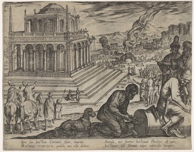 Plate 5: Tomb of Mausolus, Stone Masons Make a Column at the Right, from The Seven Wonders by Antonio Tempesta