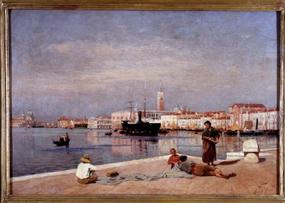 View of the lagoon of Venice from a dock by Antonio Varni