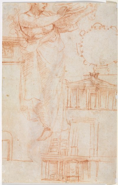 A Draped Female Figure Possibly an Amazon and Architectural Studies (verso) by Antonio da Correggio