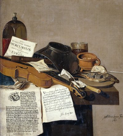 Still Life with Pamphlets, a Violin, Flute, Food and Pamphlets by Antonius Leemans