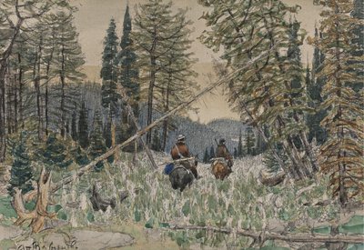 Hunters on Horseback in a Pine Forest by Apollinari Mikhailovich Vasnetsov