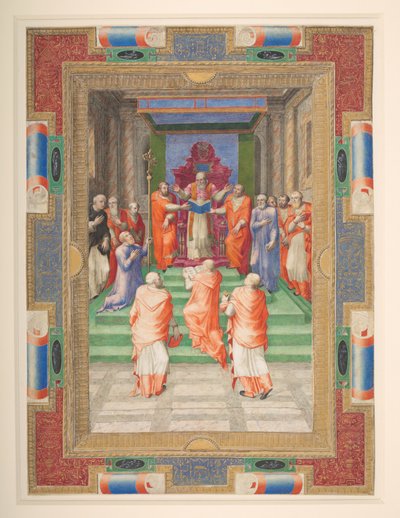 A papal ceremony, Paul IV stands in front of the papal throne, Add. MS 35254 Q, c.1555-59 by Apollonio di Bonfratelli