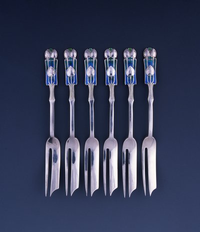 A Set of Six Liberty Silver and Enamel Pastry Forks by Archibald Knox