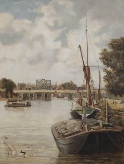 The Present Hammersmith Bridge Under Construction Showing the Temporary Bridge by Archibald Webb