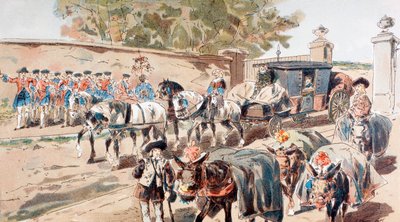 A Post-Chaise Entering a Walled Compound and Passing Between a Band and a Donkey Train by Armand Jean Heins