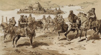 Conch blowers and raft in primitive times by Armand Jean Heins