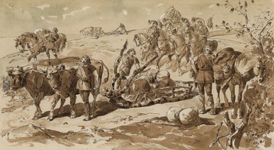 Ox-drawn sled and pack horses in primitive times by Armand Jean Heins