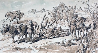 Oxen drawing a primitive sled laden with rocks by Armand Jean Heins