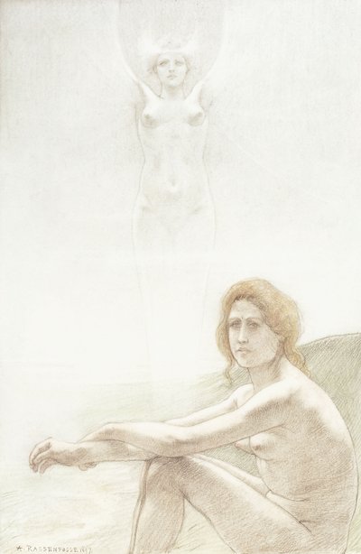 Seated female nude with ghostly female figure in the background by Armand Rassenfosse