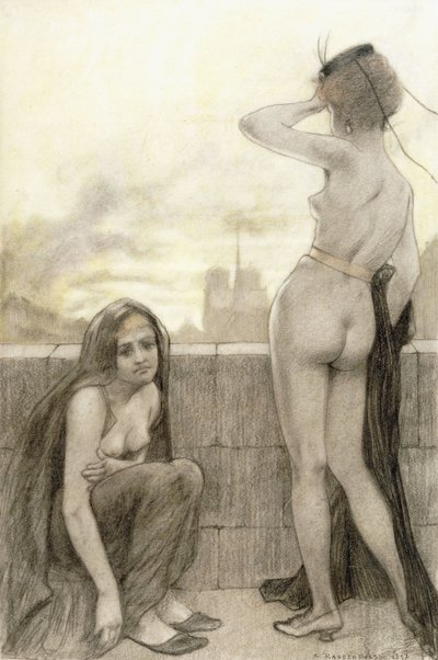 Two partially-clad women by a wall in a city by Armand Rassenfosse