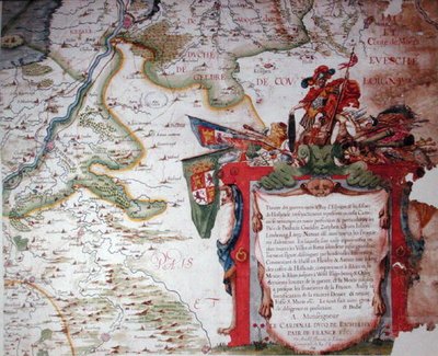 Cartouche with a dedication to Cardinal Richelieu, and a map of the Low Countries at the time of the Thirty Years war, from 