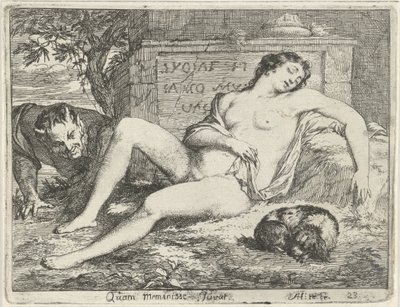 Sleeping Nymph with a Dog Spied by a Satyr (Quam Meminisse Juvat) (Theater of Emblems series) by Arnold Houbraken