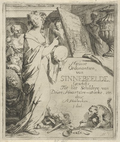 Female Figure with Palette Pointing at a Painting (Title Print of: Toneel van Sinnebeelden, Third Part, Nieuwe Ordonantien van Sinnebeelde, Suitable for Painting Door Heartslee Pieces, etc.) by Arnold Houbraken
