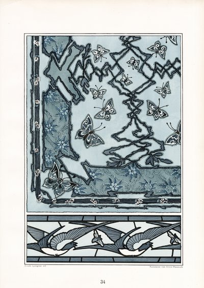 Art Nouveau Decorative Pattern with Swallows and Butterflies by Arnold Lyongrün