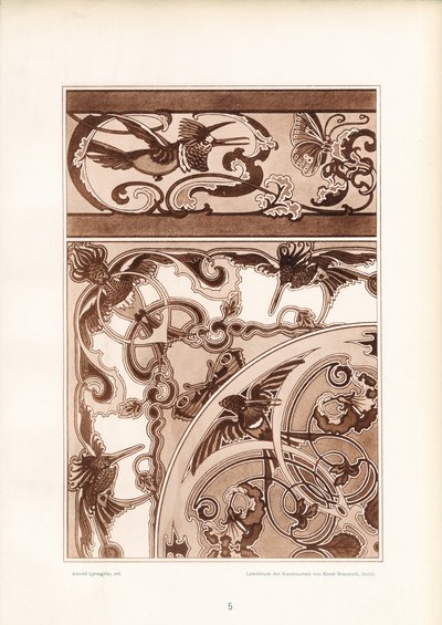 Art Nouveau Ornamental Design with Birds and Butterflies by Arnold Lyongrün