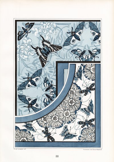 Butterflies and Moths in Blue-White Floral Pattern by Arnold Lyongrün