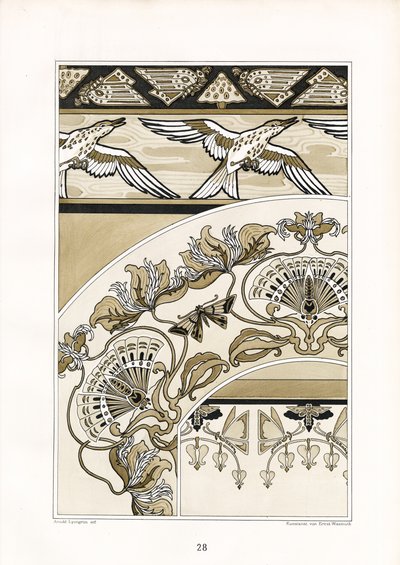 Decorative Art Nouveau Ornaments with Birds and Fan Motifs by Arnold Lyongrün