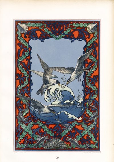 Decorative Marine Panel with Seagulls and Waves by Arnold Lyongrün
