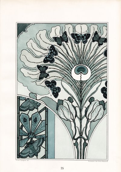 Peacock Feather Ornament with Butterflies and Tulips by Arnold Lyongrün