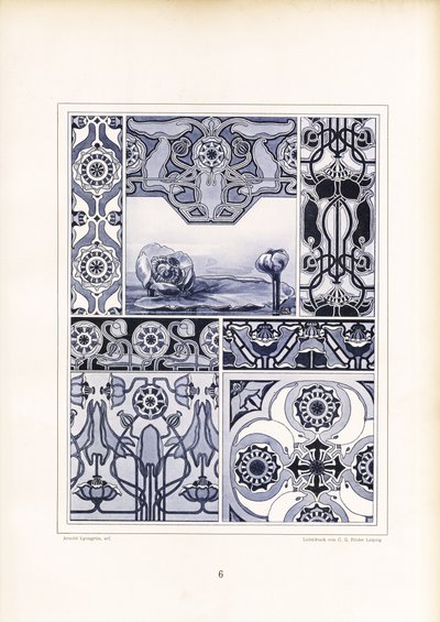 Poppy Motifs and Geometric Ornaments in Blue Tones by Arnold Lyongrün