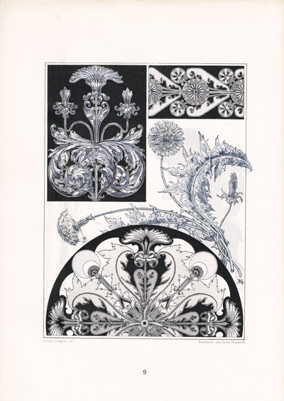 Stylized Thistle Ornaments in Black and White by Arnold Lyongrün