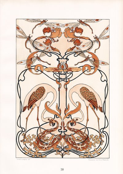 Symmetrical Art Nouveau Ornament with Dragonflies, Herons and Mythical Creatures by Arnold Lyongrün