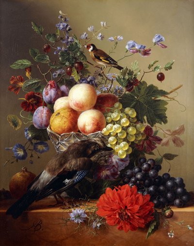 Peaches, Grapes, Plums and Flowers in a Glass Vase with a Jay on a Ledge by Arnoldus Bloemers