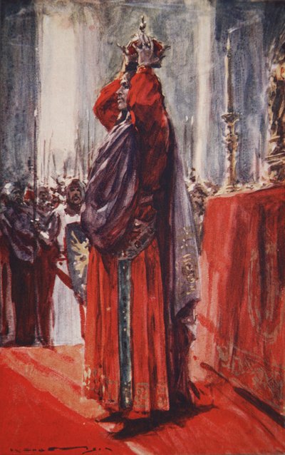 He reached the altar where the crown lay: lifting it he placed it upon his head, illustration from 