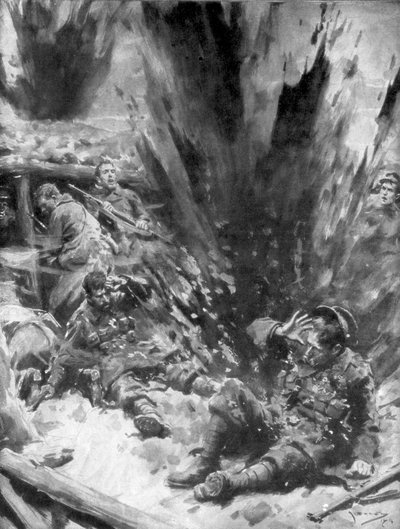 A German Shell Explodes in a British Trench, 1914 by Arthur C. Michael