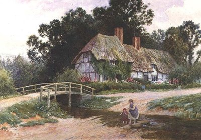 Sisters paddling across a stream by Arthur Claude Strachan