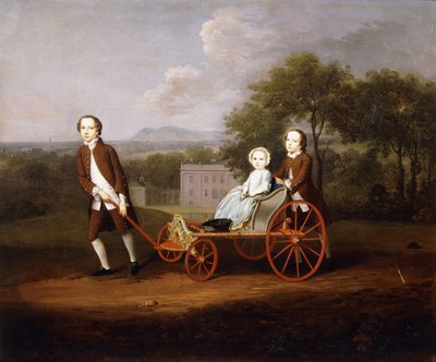 A Group Portrait of Three of the Children of Peter and Mary Du Cane, All Small Full-Length, Playing with an Elaborate Dog-Cart, in the Grounds of a Country House, 1747 by Arthur Devis