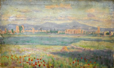 Mediterranean Landscape with Poppies in Foreground and Walled Town in Background by Arthur Haythorne Studd