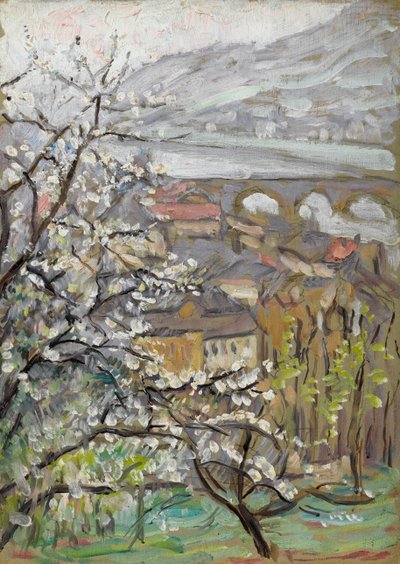 View Across an Orchard Over a Bridge and Estuary by Arthur Haythorne Studd