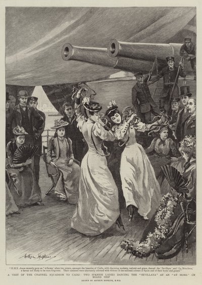 A Visit of the Channel Squadron to Cadiz, Two Spanish Ladies dancing the Sevillana at an At Home on Board Ship by Arthur Hopkins