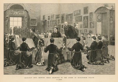 Blue Coat Boys showing their drawings to the Queen at Buckingham Palace by Arthur Hopkins