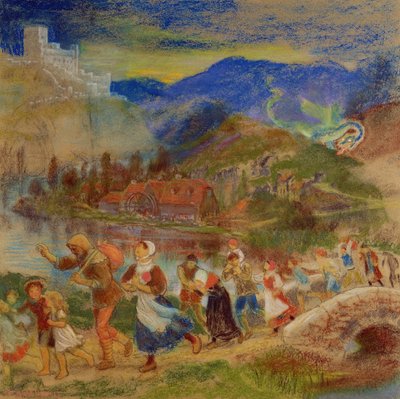 Villagers fleeing from a dragon by Arthur Hughes