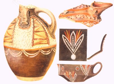 Cup reproductions and colorful fragments from Knossos by Arthur John Evans