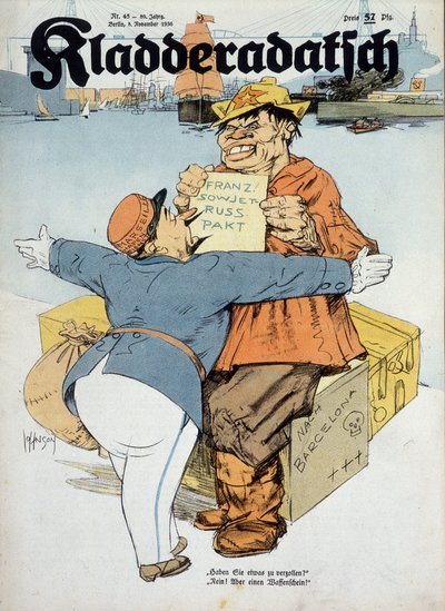 German cartoon on the Franco-Soviet agreements (French customs officer and Russian sailor: 