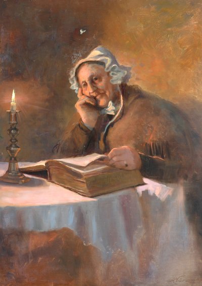 Portrait of an Old Woman Reading the Bible by Candlelight, 1896 by Arthur Netherwood