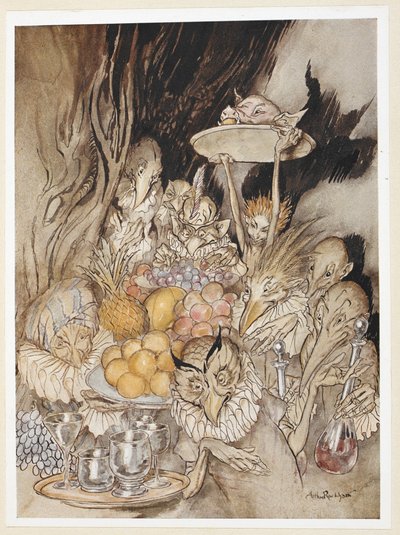 ACT III: Scene III, line 19 Enter several strange Shapes, bringing in a banquet ... inviting the King, etc, to eat by Arthur Rackham