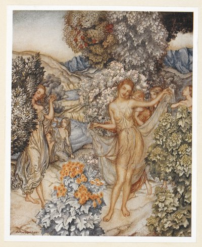ACT IV: Scene I, line 132 Come, temperate nymphs, and help to celebrate A contract of true love. Prospero instructs Ariel to leave garish clothing on a tree to tempt the men by Arthur Rackham